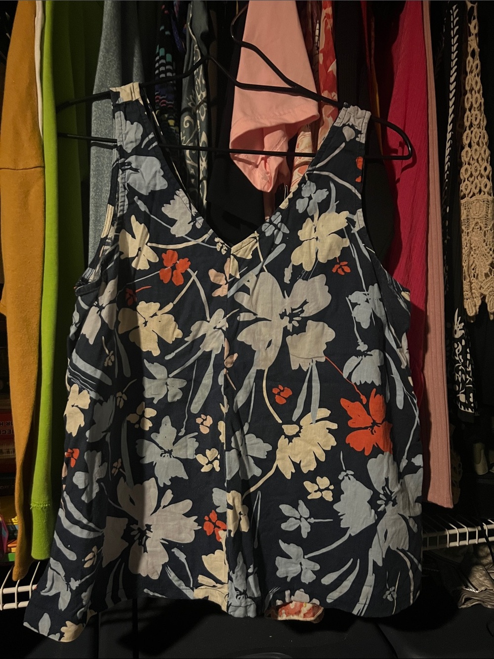 Time and Tru Navy Floral V-Neck Camisole with Cream & Coral Flowers